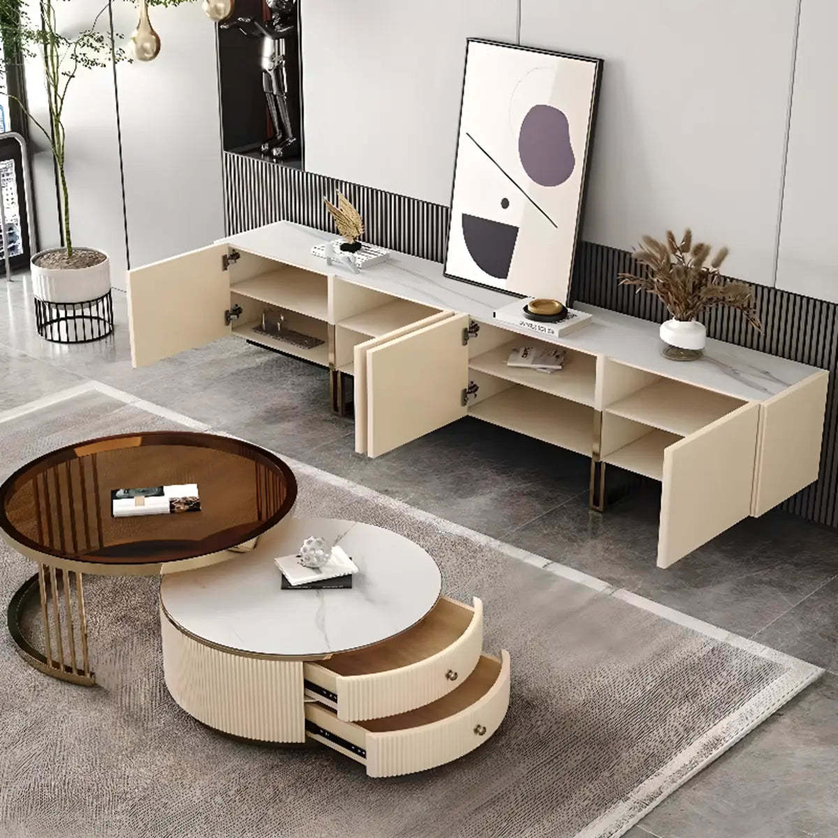 Modish White Stone Rectangular TV Stand