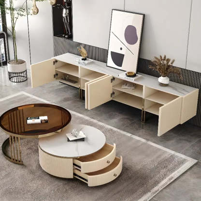Modish White Stone Rectangular TV Stand