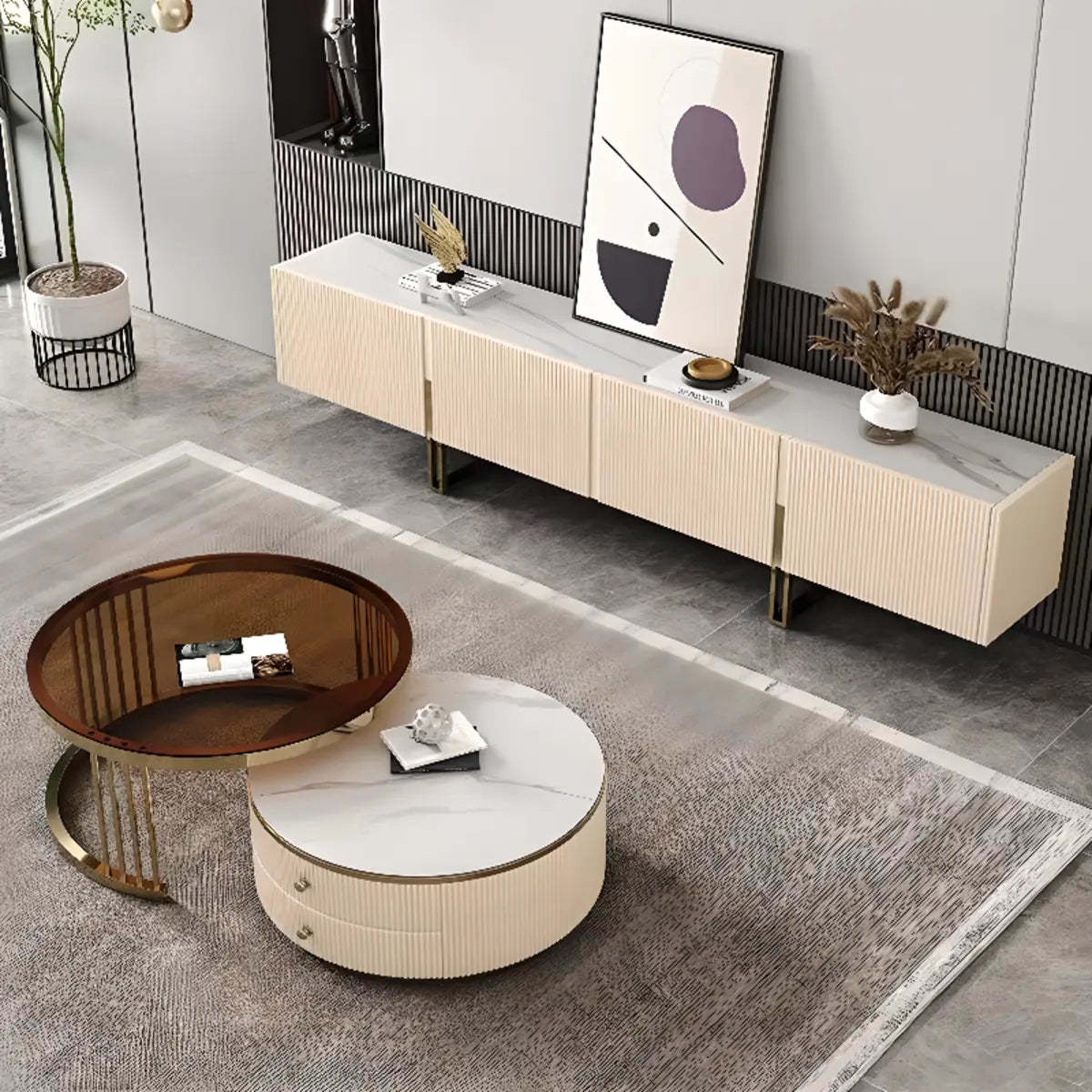 Modish White Stone Rectangular TV Stand