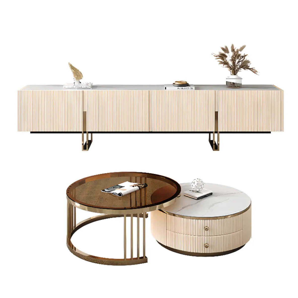 Modish White Stone Rectangular TV Stand