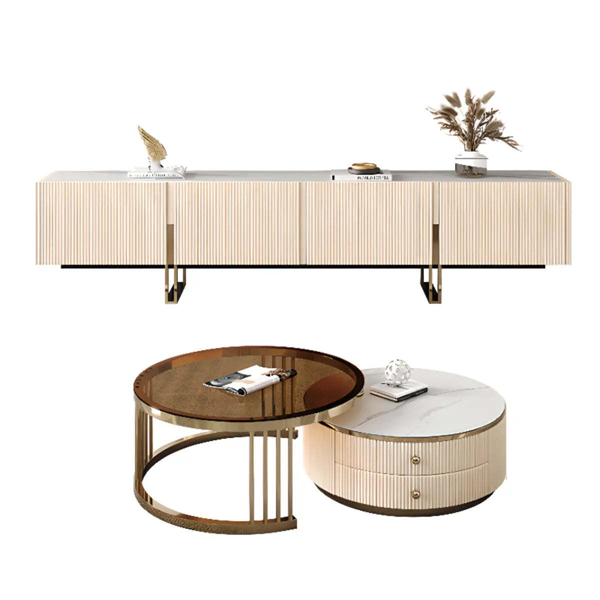 Modish White Stone Rectangular TV Stand