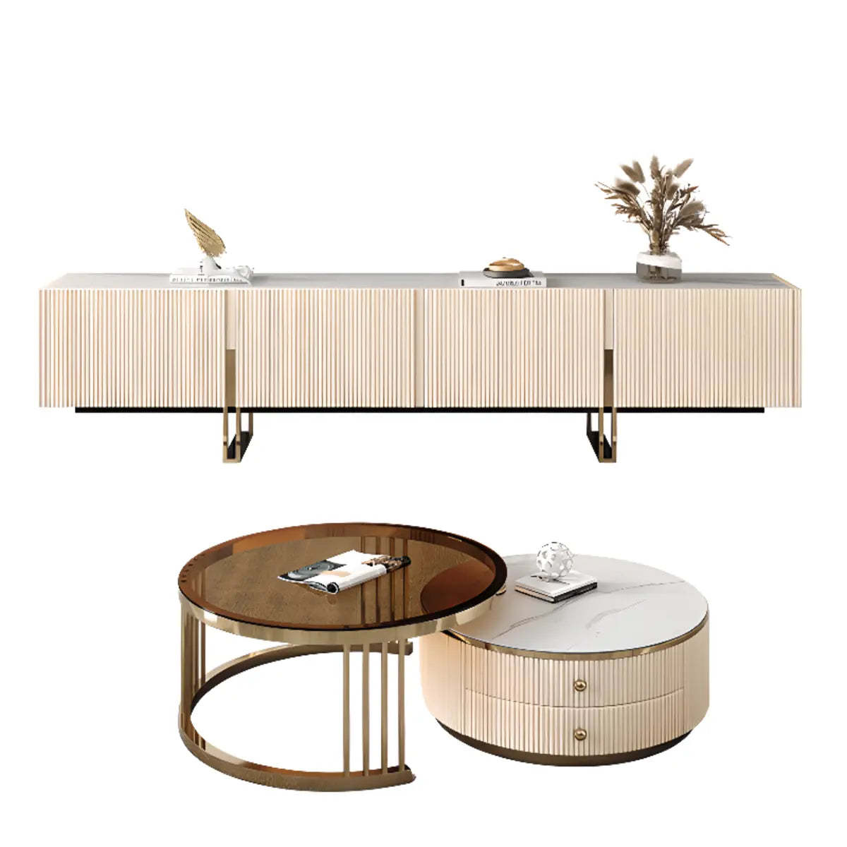 Modish White Stone Rectangular TV Stand