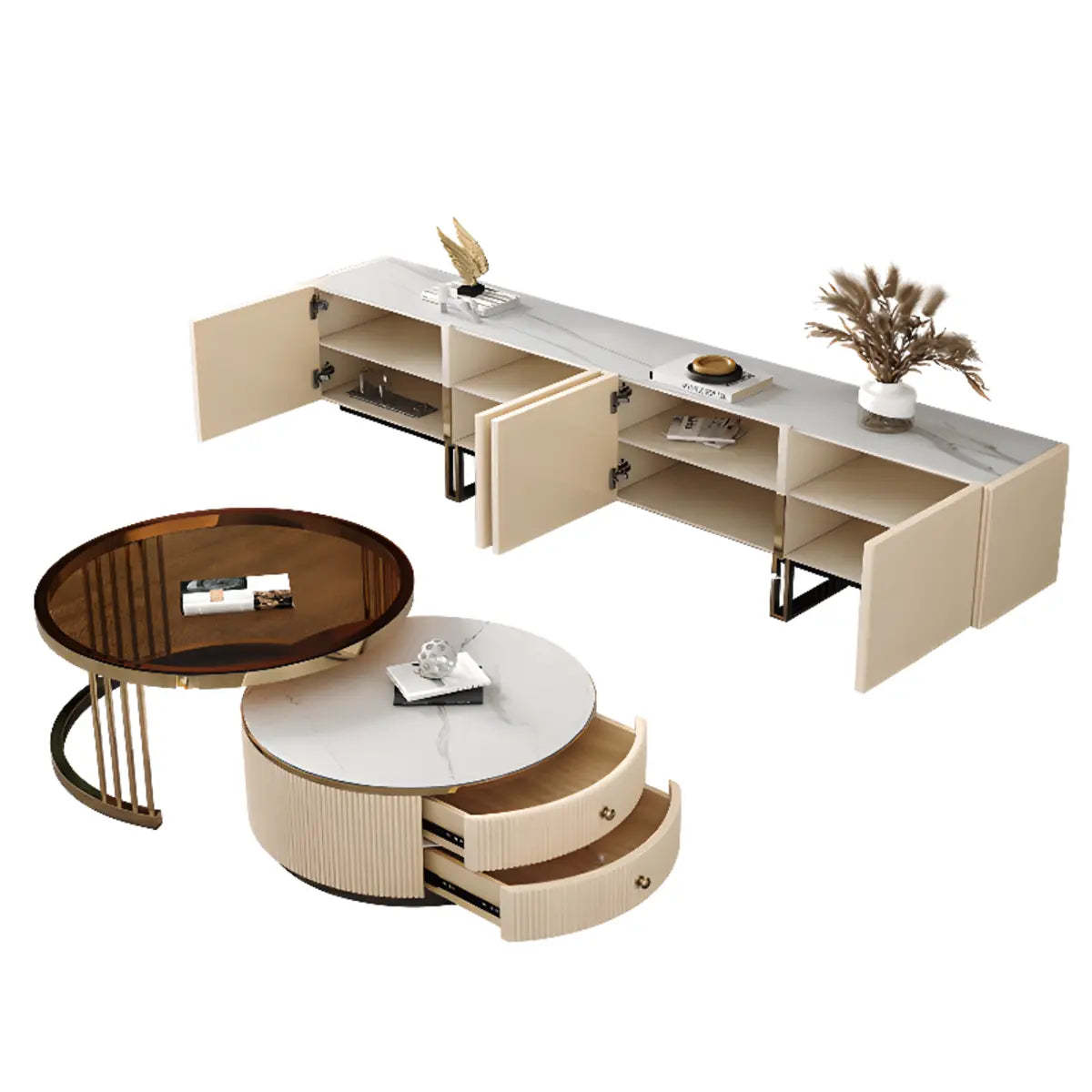 Modish White Stone Rectangular TV Stand