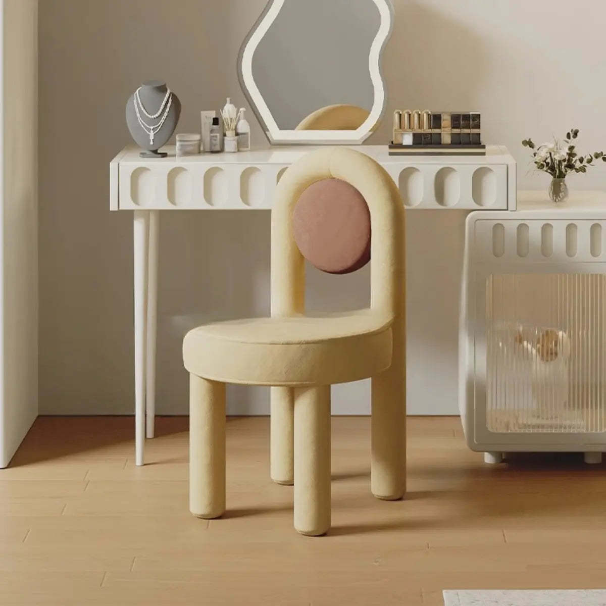 Multi-Color Circular Upholstered Vanity Stool — Light Yellow