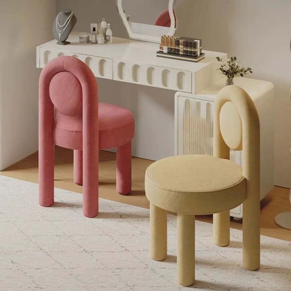 Multi-Color Circular Upholstered Vanity Stool — Yellow-Brown