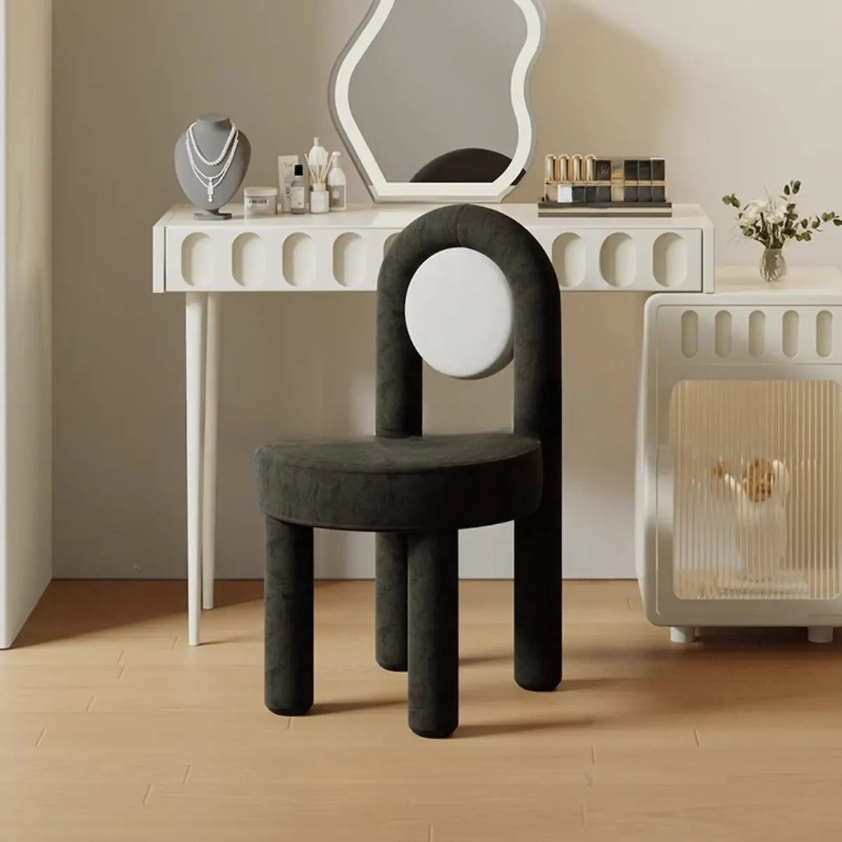 Multi-Color Circular Upholstered Vanity Stool — Brown