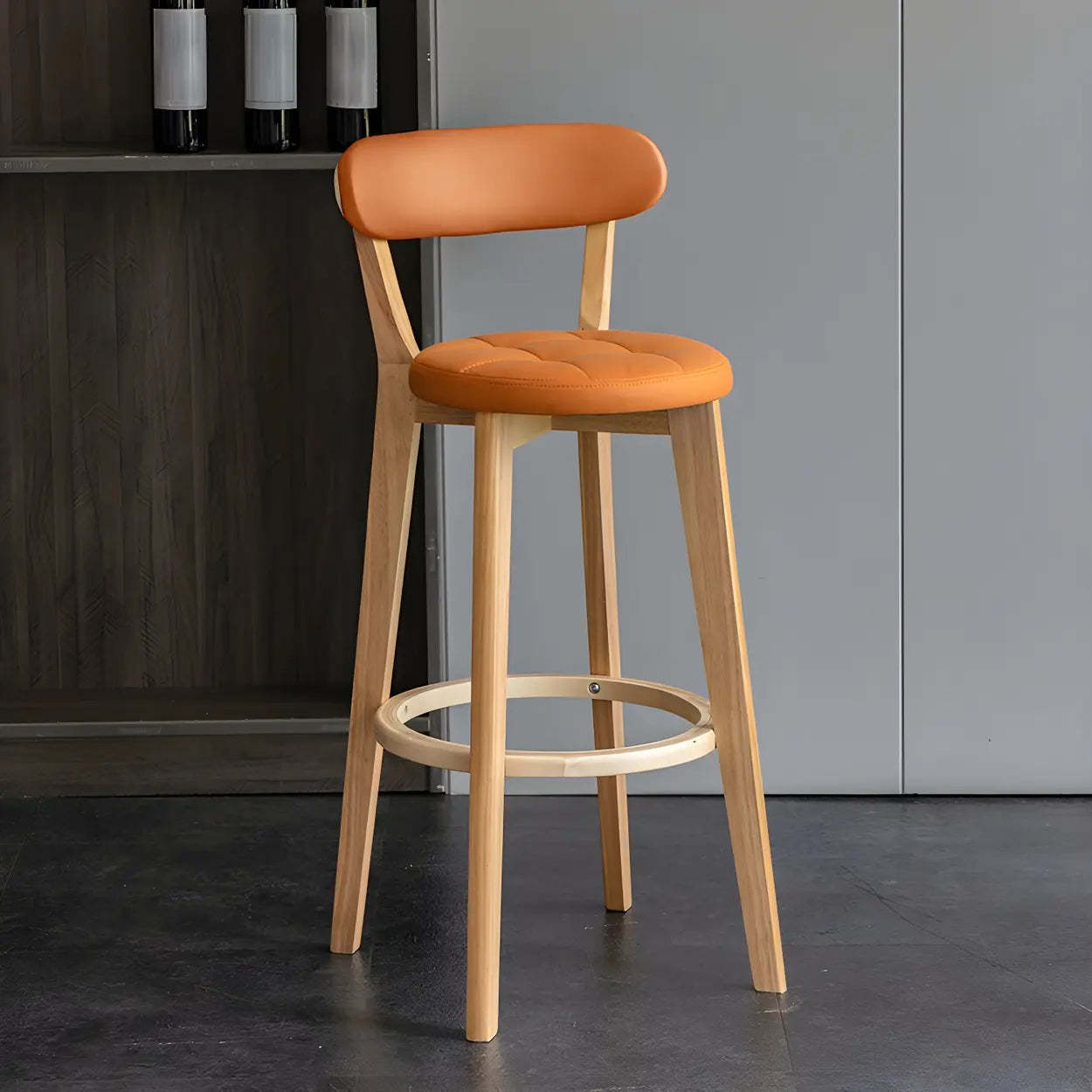 Round Low-Back Wood Bar Stool — 1 Piece / Light Gray