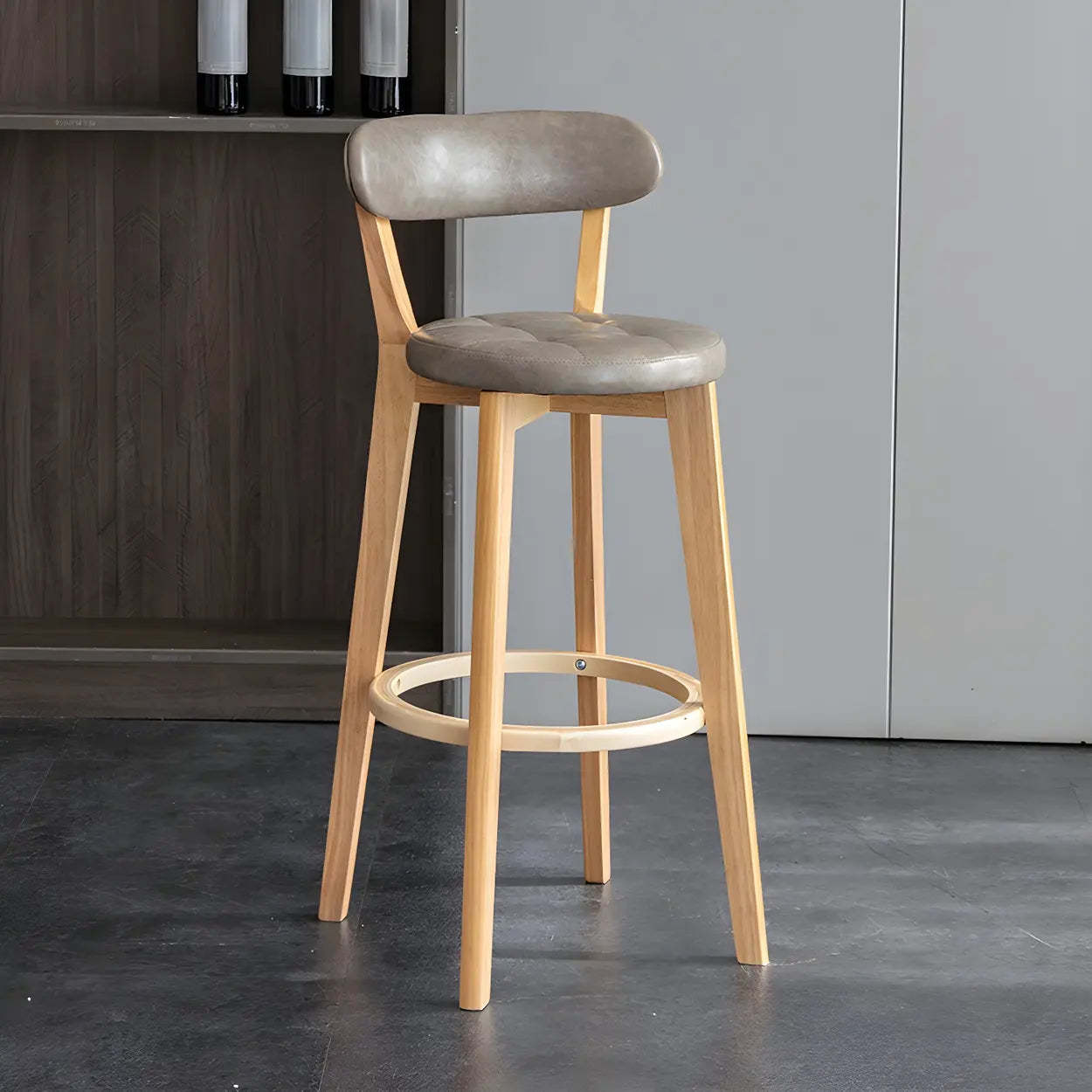Round Low-Back Wood Bar Stool — 2 Piece Set / Light Gray