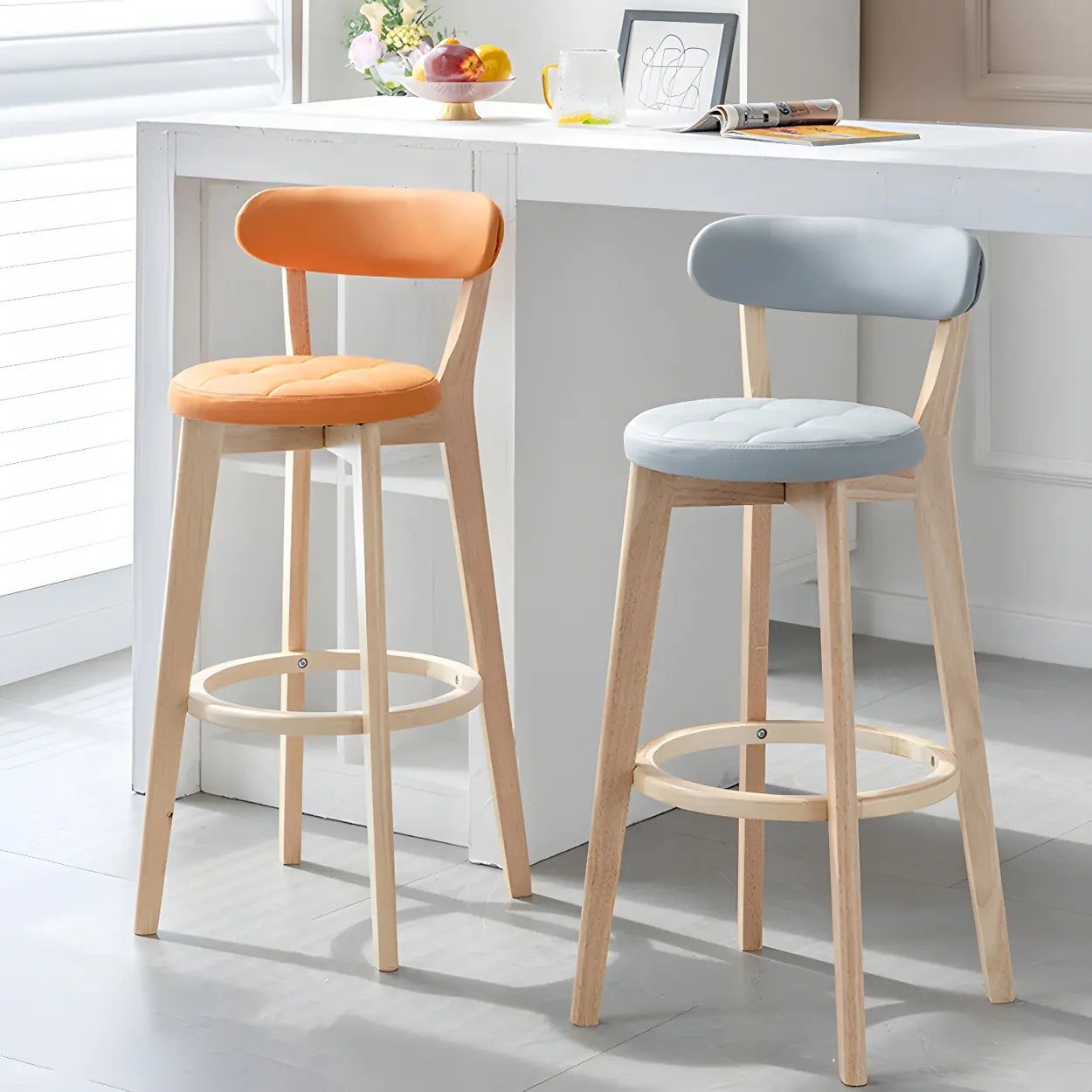 Round Low-Back Wood Bar Stool — 4 Piece Set / Off-White
