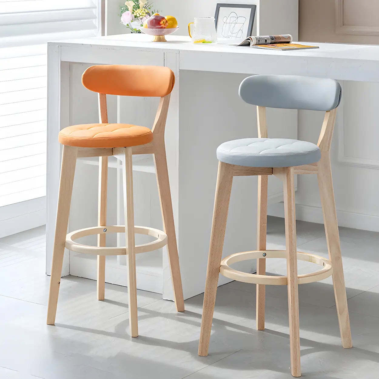 Round Low-Back Wood Bar Stool — 4 Piece Set / Off-White
