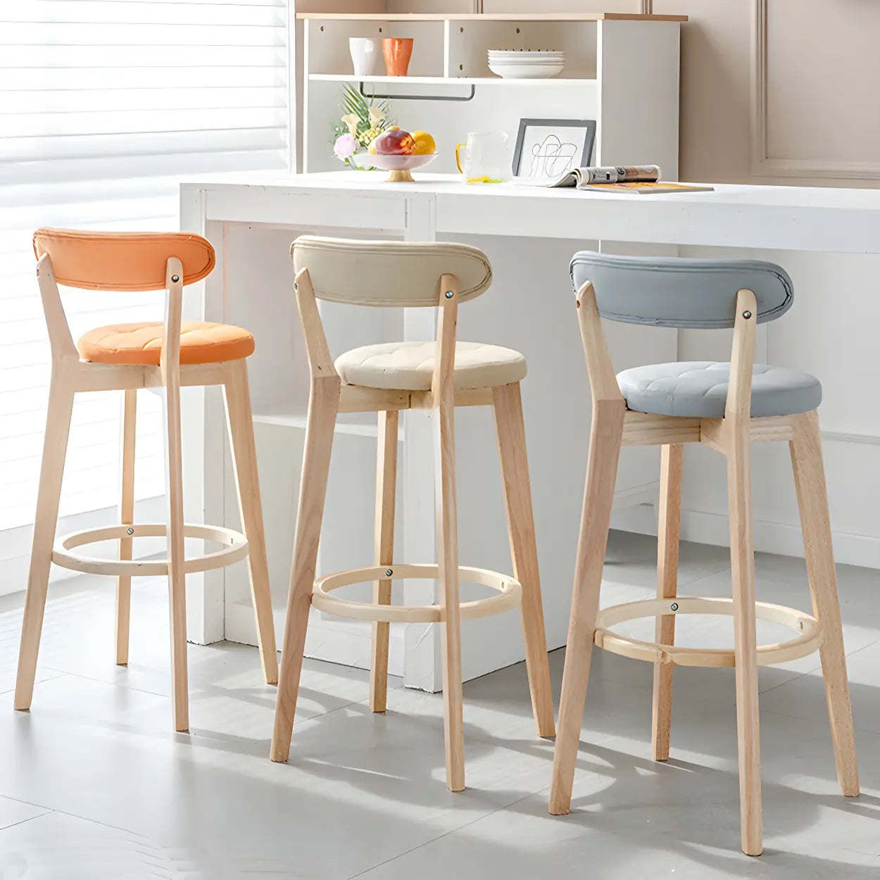 Round Low-Back Wood Bar Stool — 4 Piece Set / Blackish Green