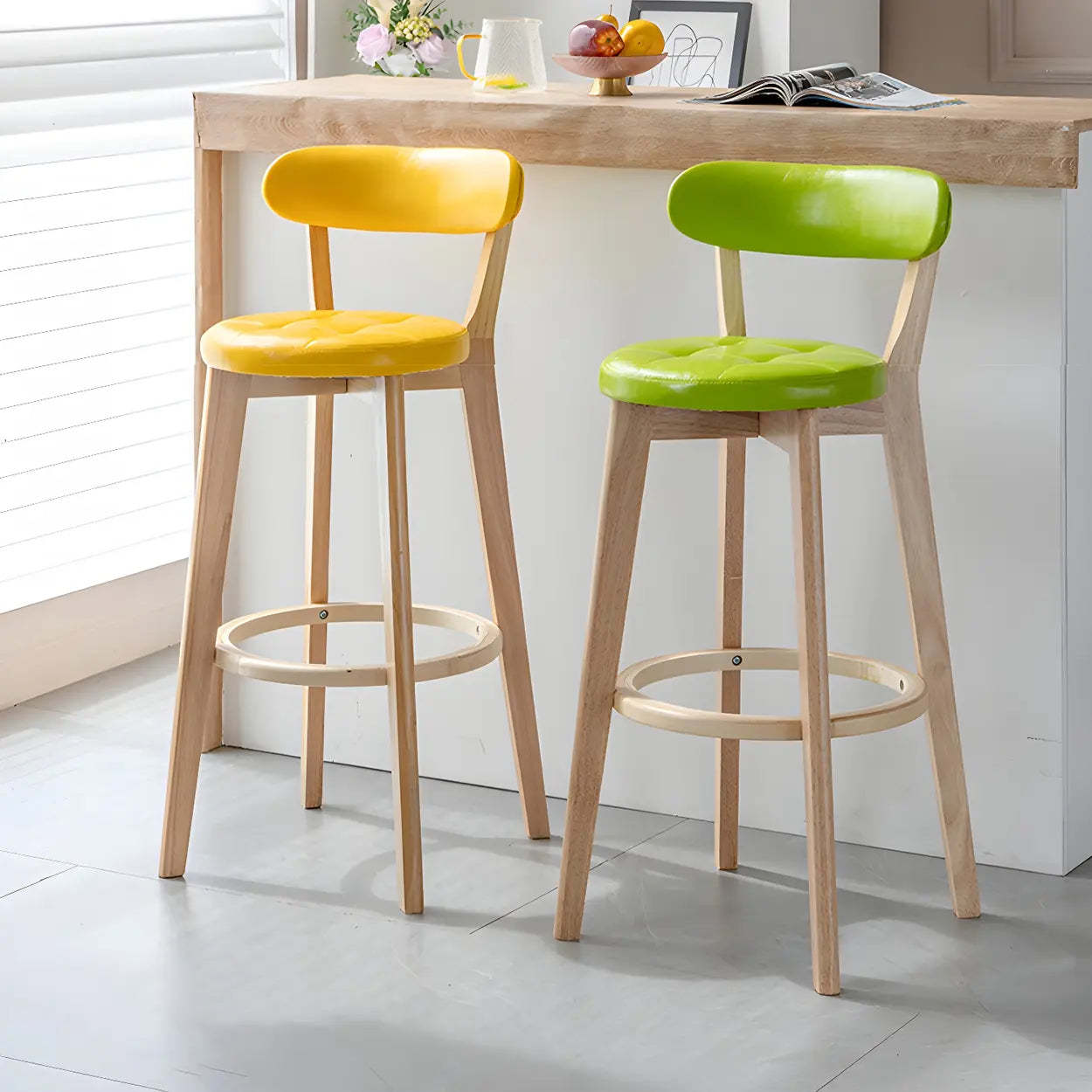 Round Low-Back Wood Bar Stool — 4 Piece Set / Grey