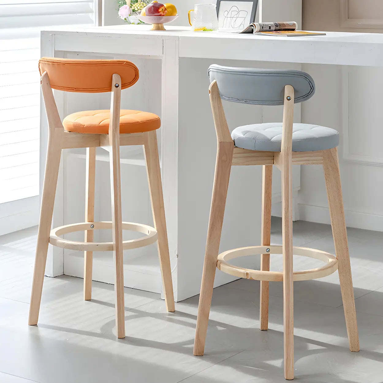 Round Low-Back Wood Bar Stool — 1 Piece / Yellow