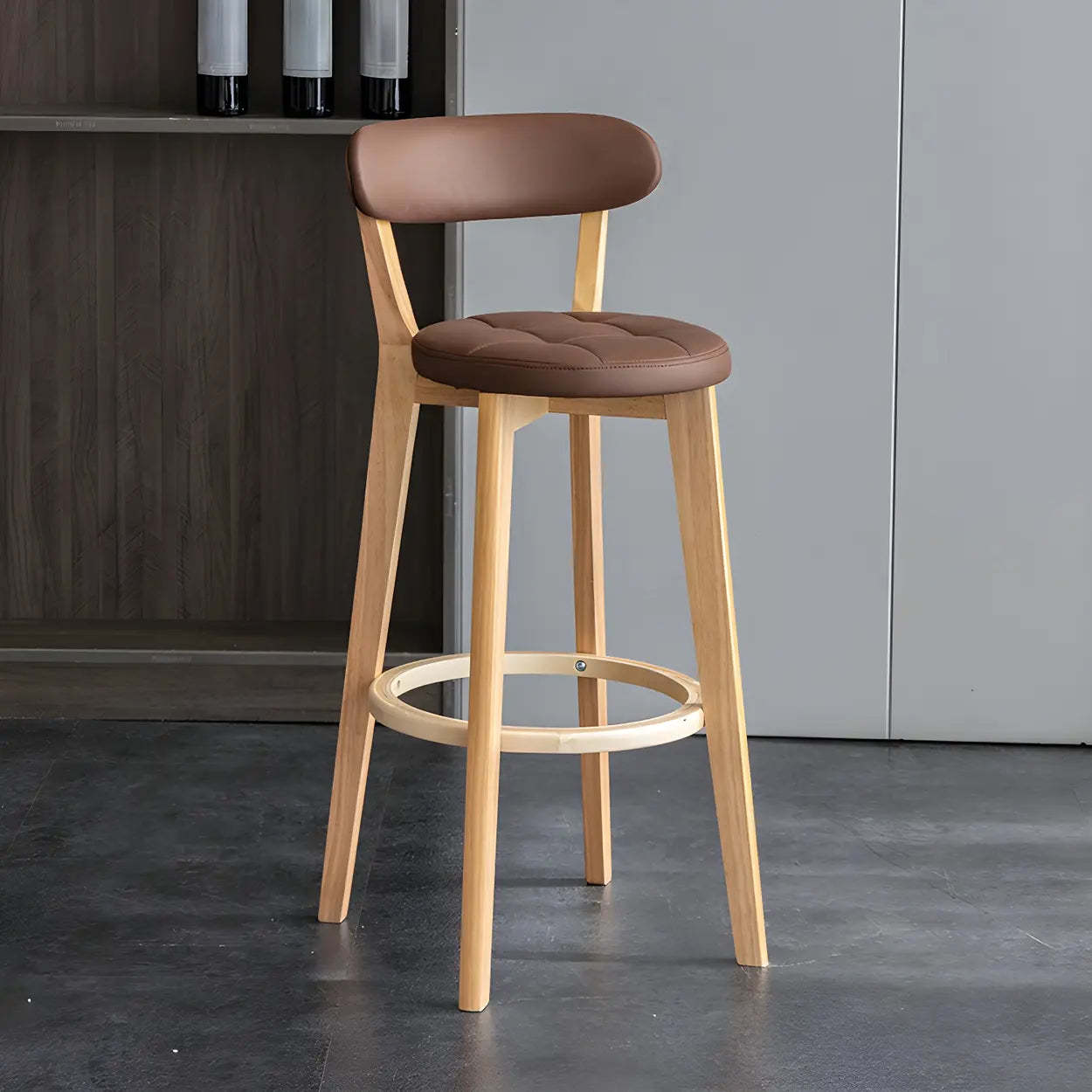Round Low-Back Wood Bar Stool — 1 Piece / Blackish Green