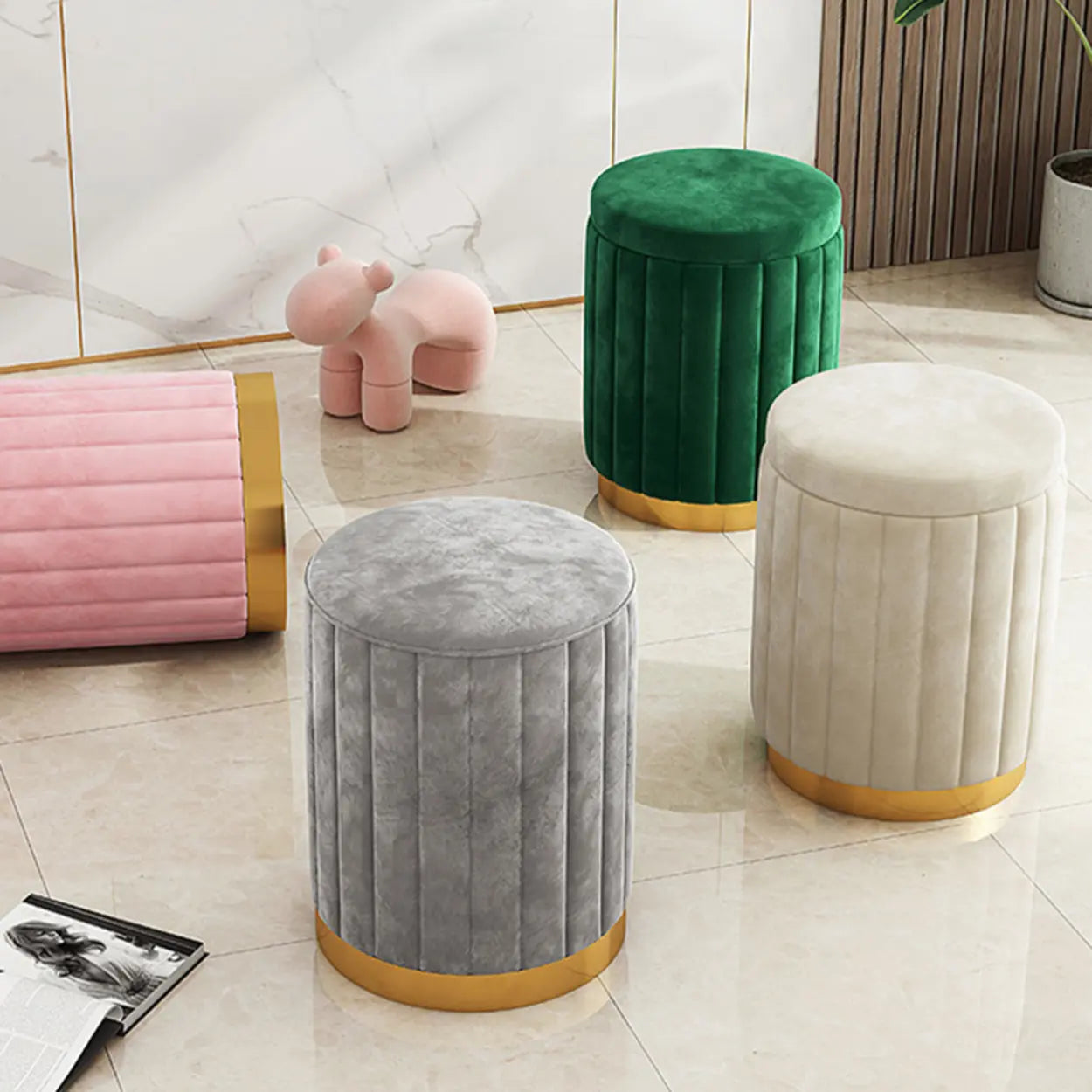 Multi-Color Velvet Drum Upholstered Metal Vanity Stool