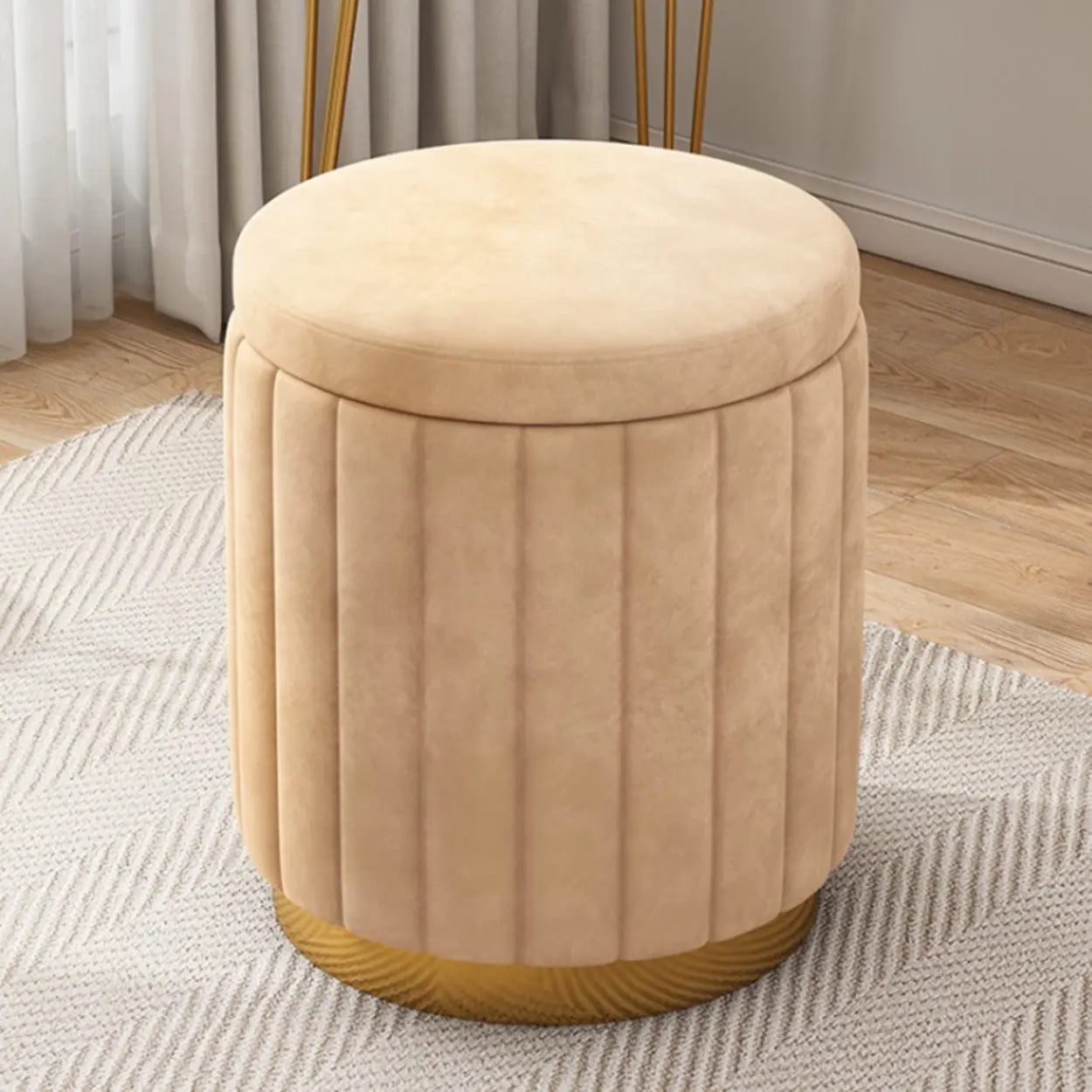Multi-Color Velvet Drum Upholstered Metal Vanity Stool — Green / Storage