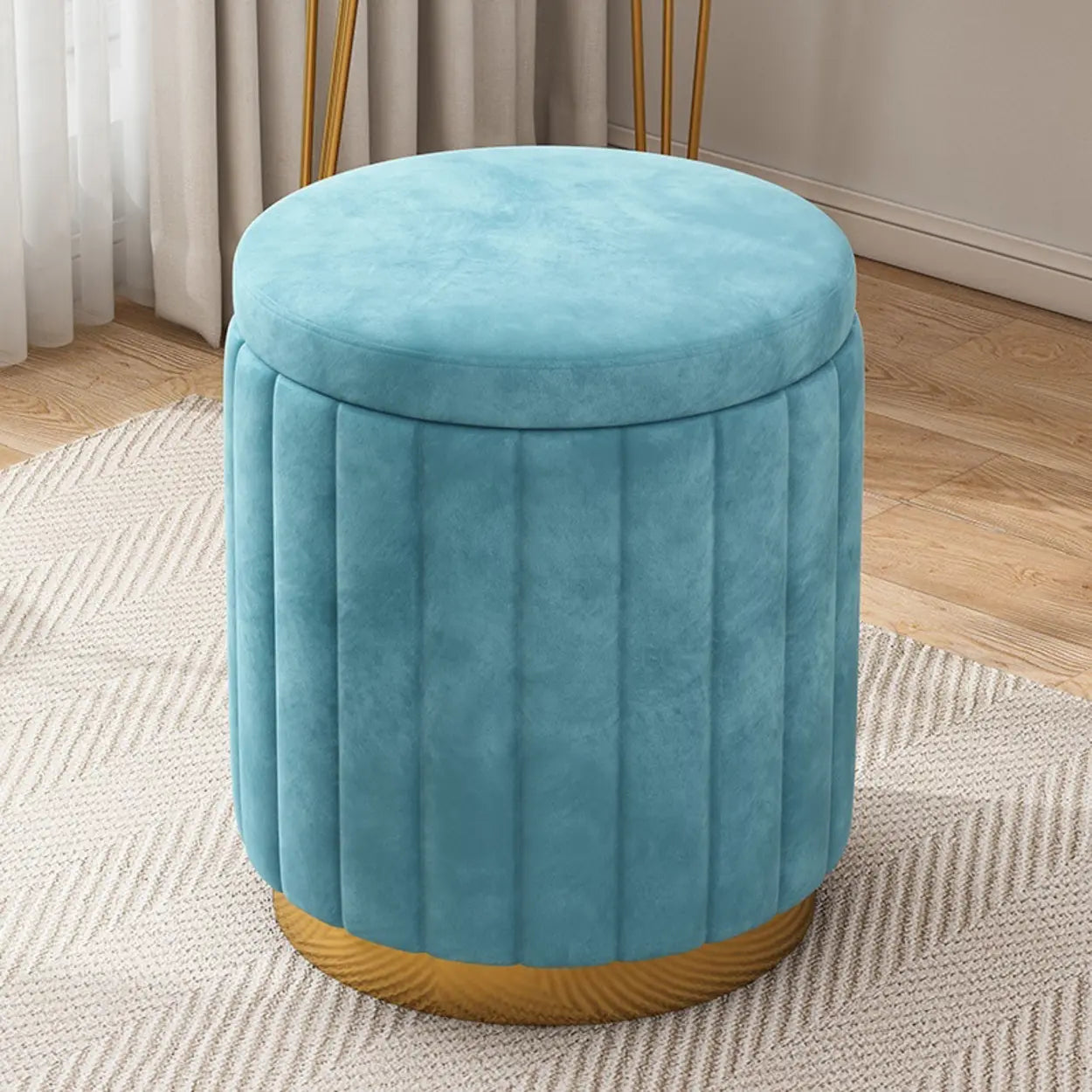 Multi-Color Velvet Drum Upholstered Metal Vanity Stool — Yellow / Storage