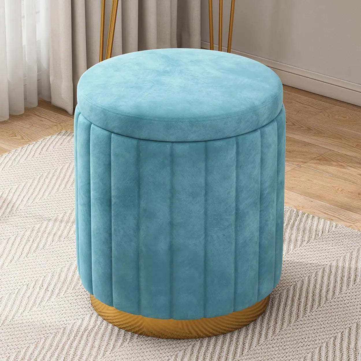 Multi-Color Velvet Drum Upholstered Metal Vanity Stool — Yellow / Storage