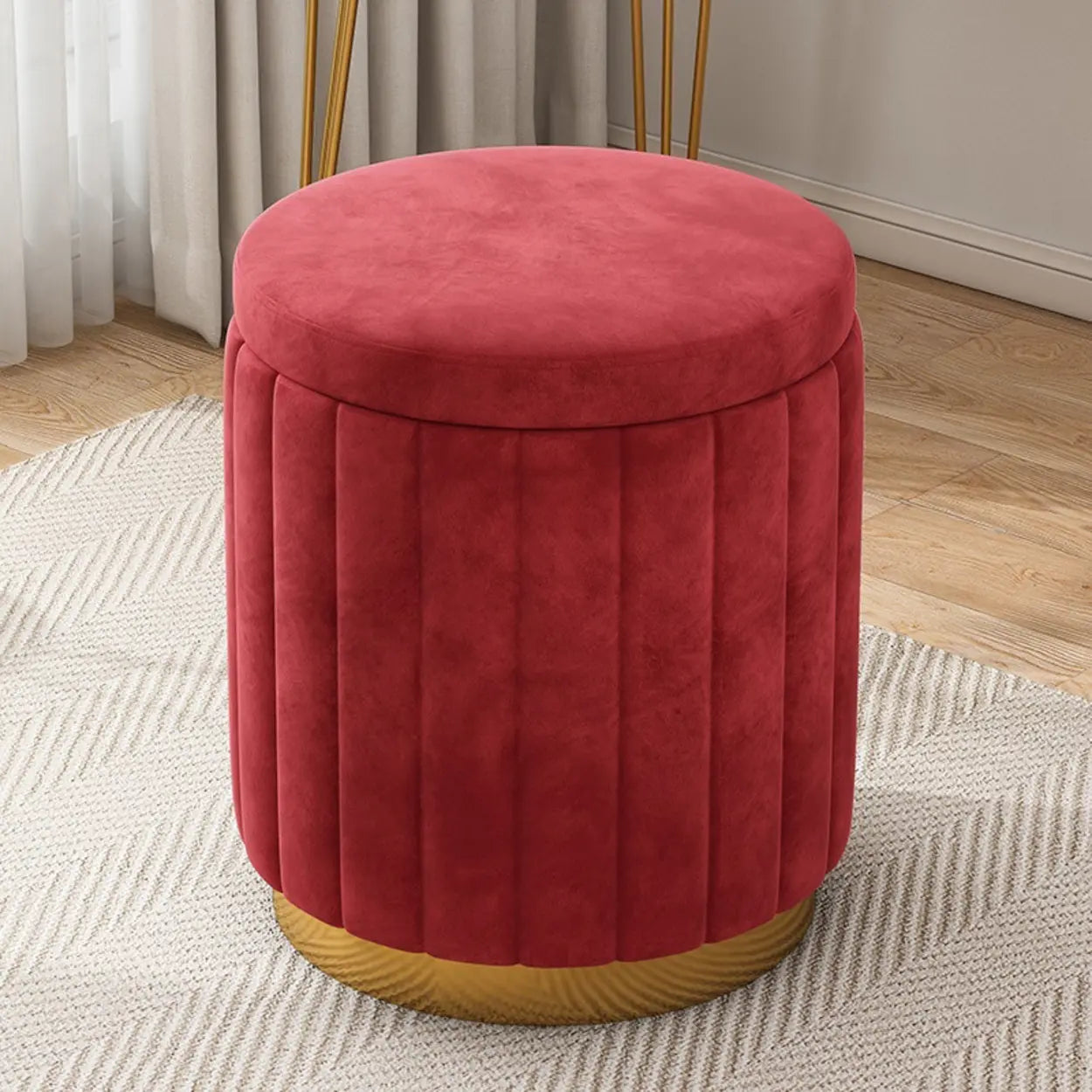 Multi-Color Velvet Drum Upholstered Metal Vanity Stool — Beige / Storage Not Included