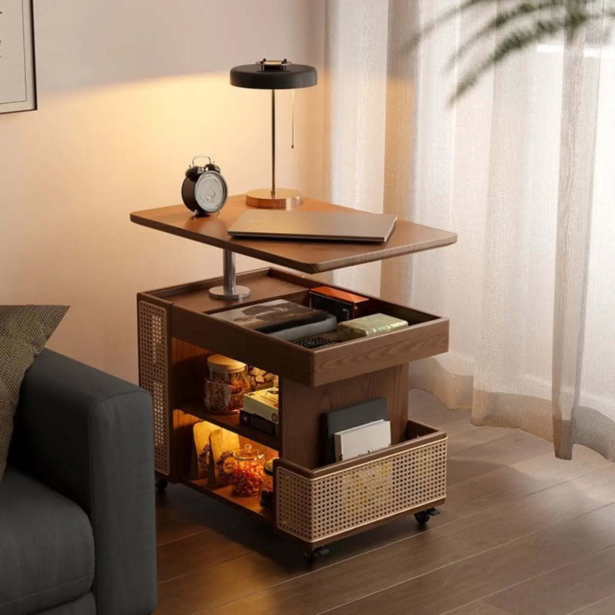 Wood Swivel Side Table with Wheels