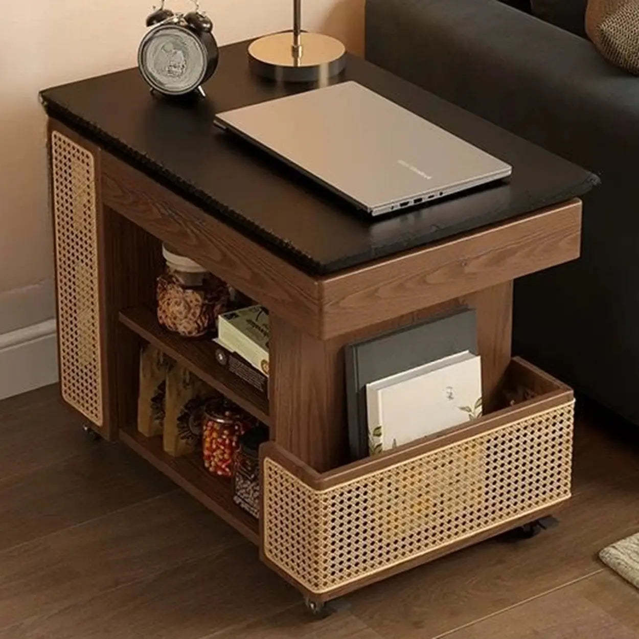 Wood Swivel Side Table with Wheels