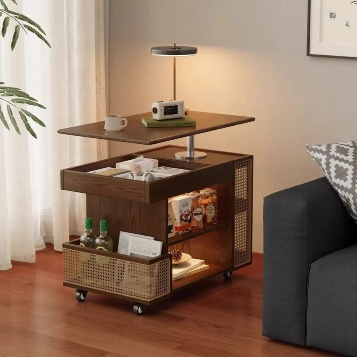 Wood Swivel Side Table with Wheels