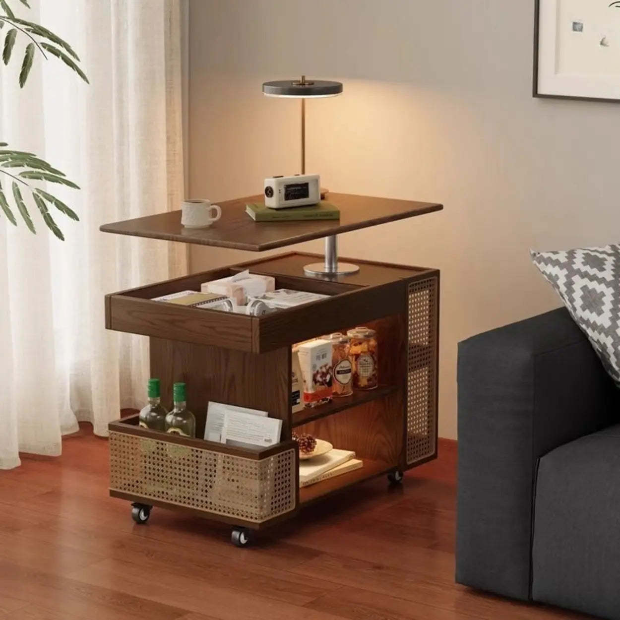 Wood Swivel Side Table with Wheels
