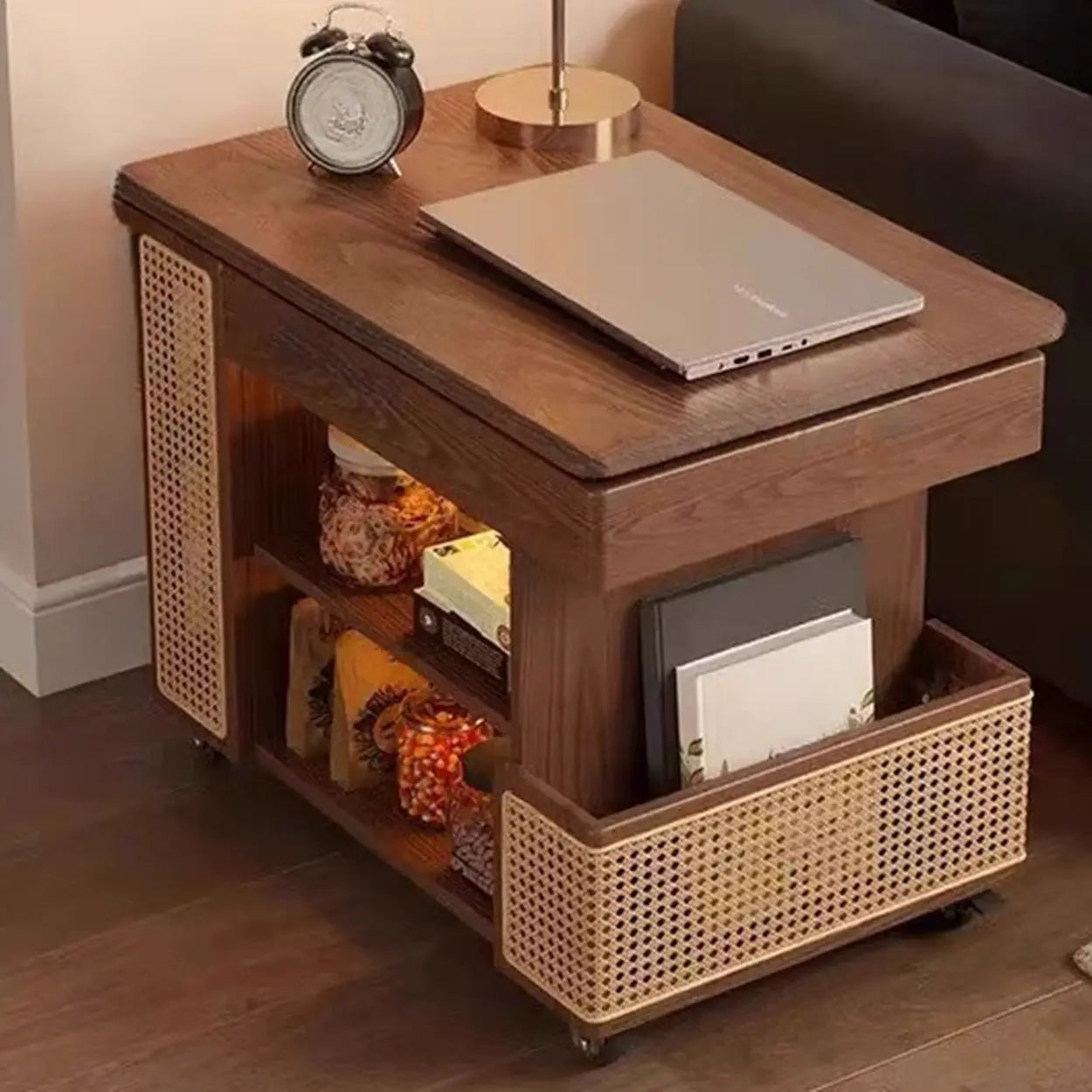 Wood Swivel Side Table with Wheels