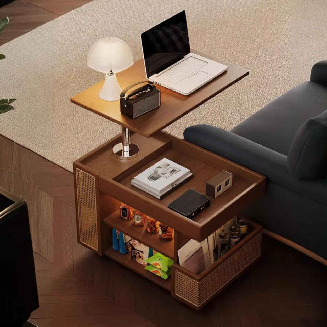 Wood Swivel Side Table with Wheels