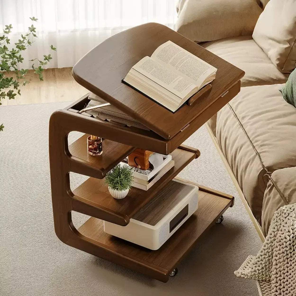 Multi-Tier Brown Wood Side Table with Wheels