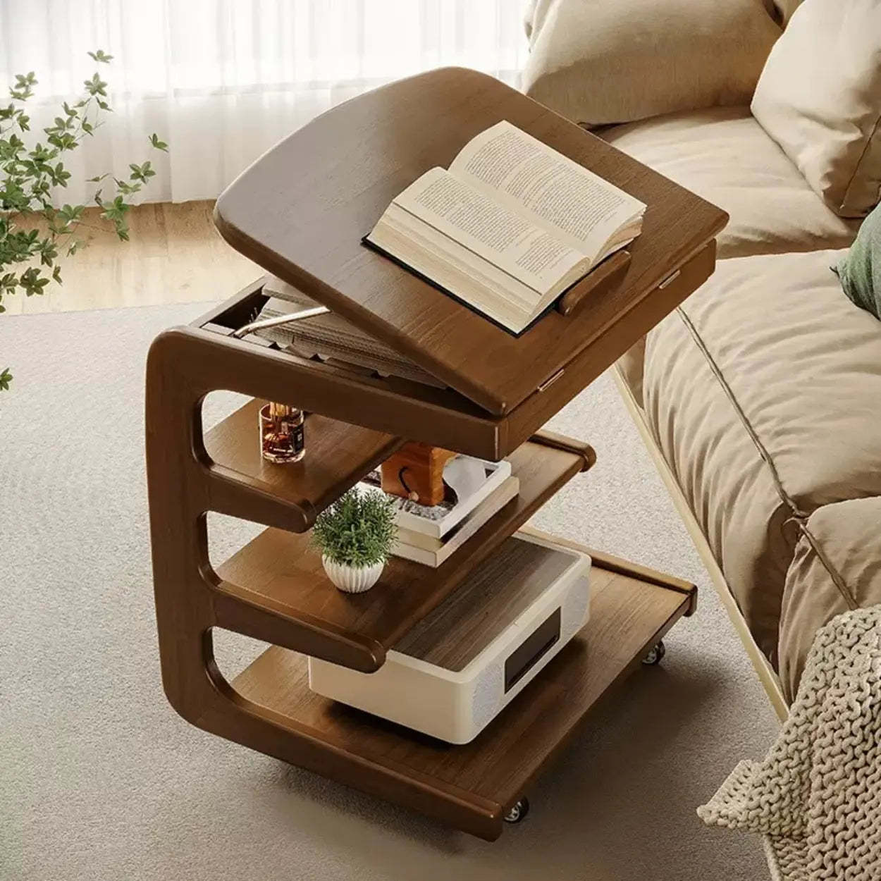 Multi-Tier Brown Wood Side Table with Wheels — Nut/Brown