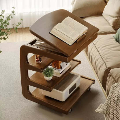 Multi-Tier Brown Wood Side Table with Wheels — Nut/Brown