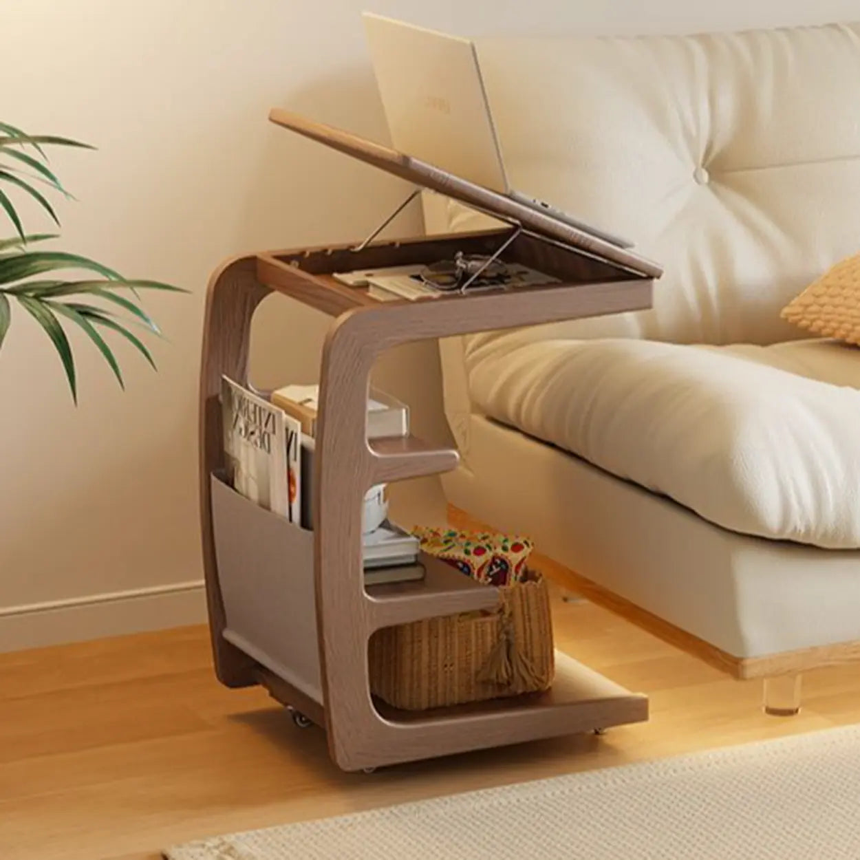 Multi-Tier Brown Wood Side Table with Wheels — Nut/Brown