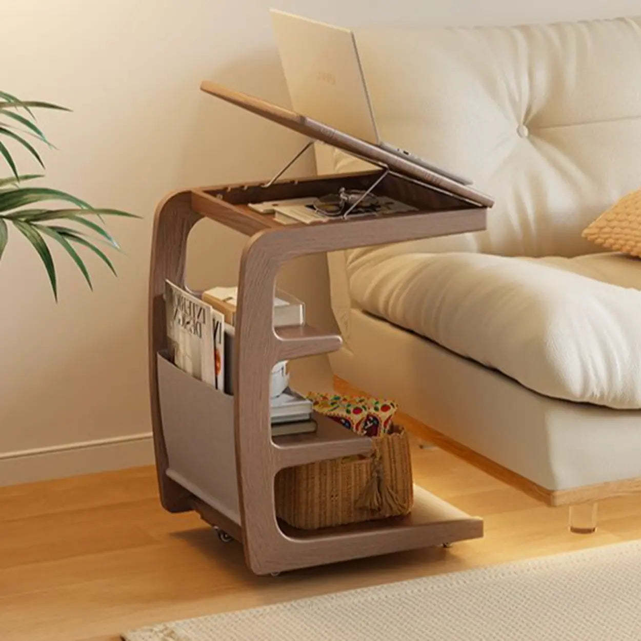 Multi-Tier Brown Wood Side Table with Wheels — Nut/Brown