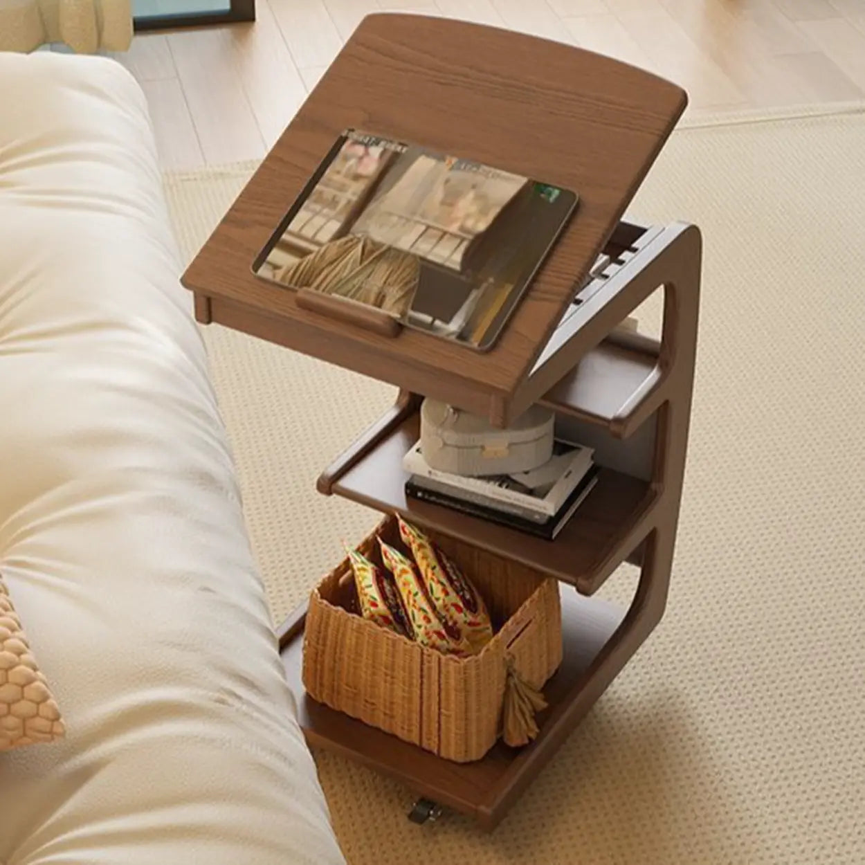 Multi-Tier Brown Wood Side Table with Wheels — Natural
