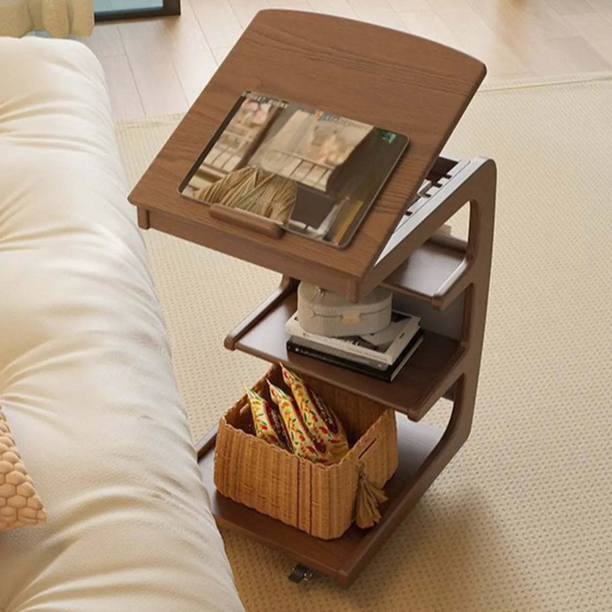 Multi-Tier Brown Wood Side Table with Wheels — Natural
