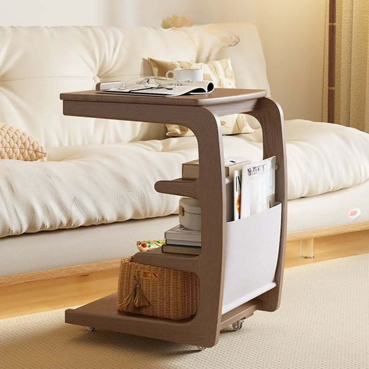 Multi-Tier Brown Wood Side Table with Wheels — Natural