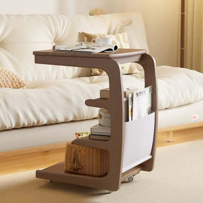 Multi-Tier Brown Wood Side Table with Wheels — Natural