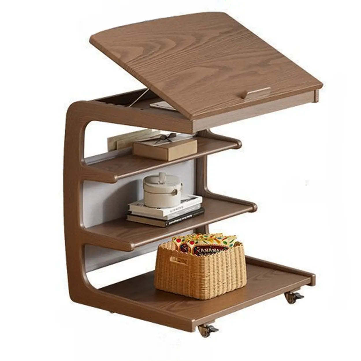 Multi-Tier Brown Wood Side Table with Wheels