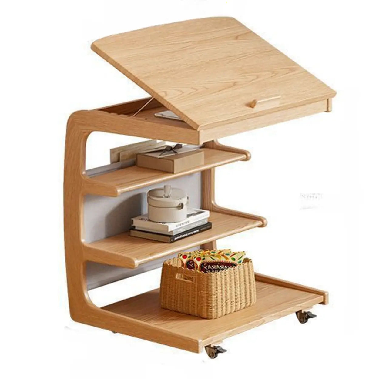 Multi-Tier Brown Wood Side Table with Wheels