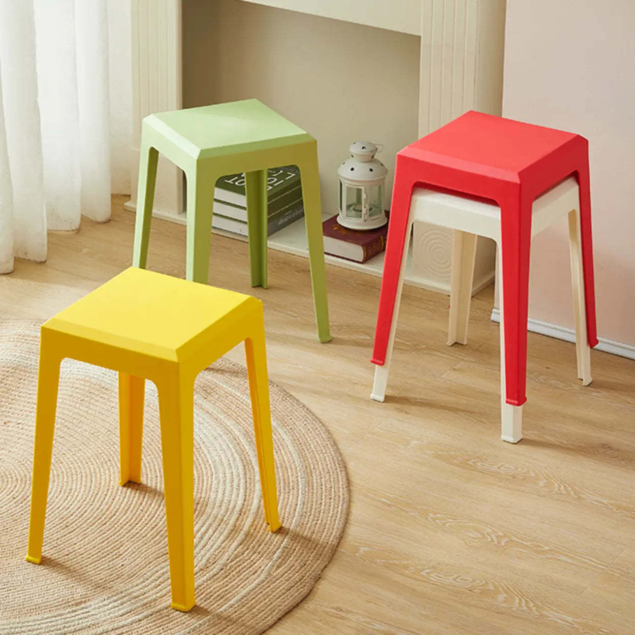 Multicolor Minimalist Square Plastic Backless Stool — Black / Cushion Included