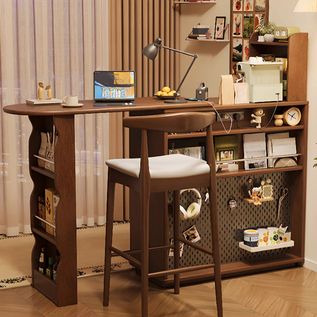 Multifunctional Extendable Wood Bar Table with Shelves — Ivory / Table Only