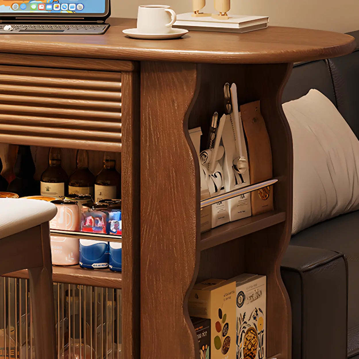 Multifunctional Extendable Wood Bar Table with Shelves