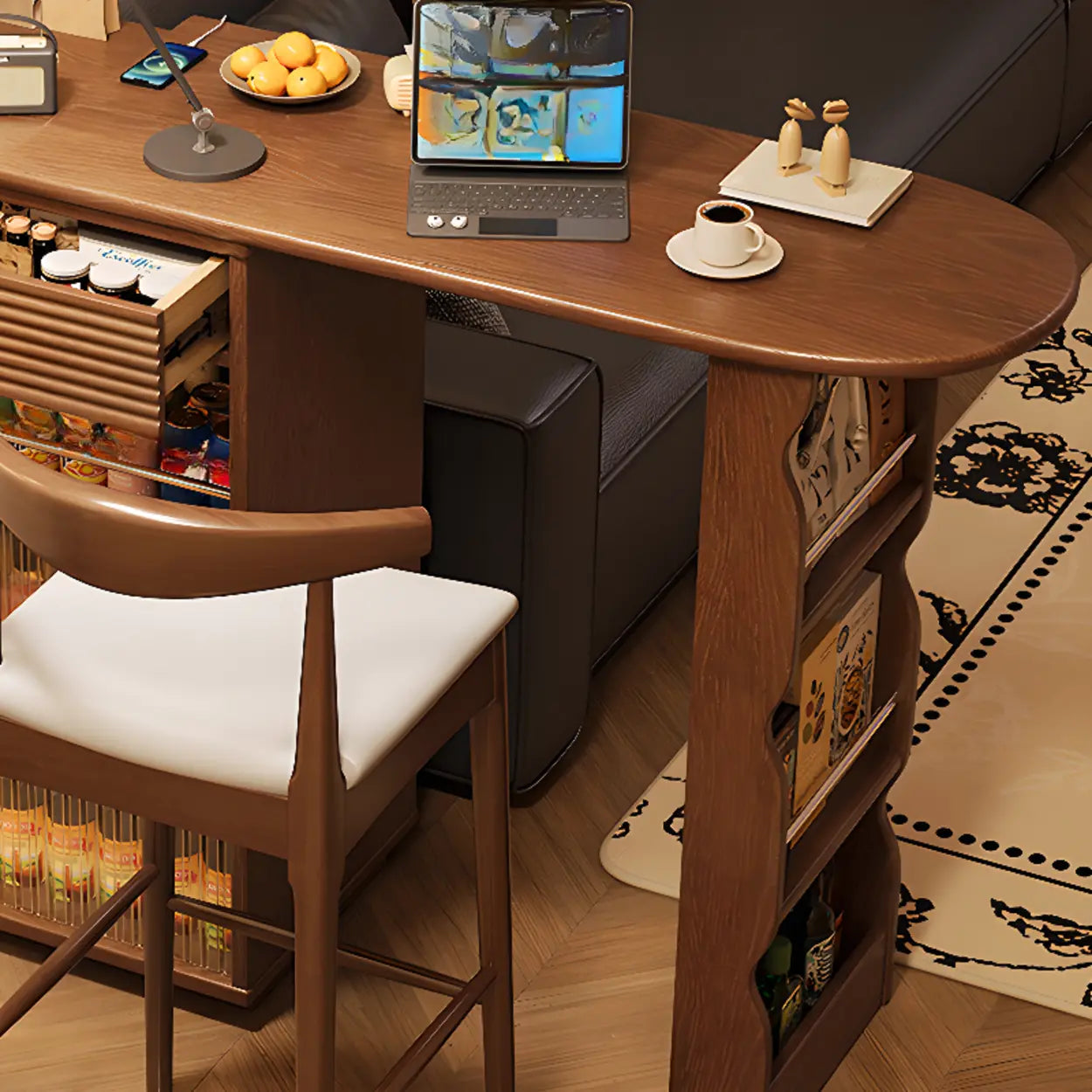 Multifunctional Extendable Wood Bar Table with Shelves