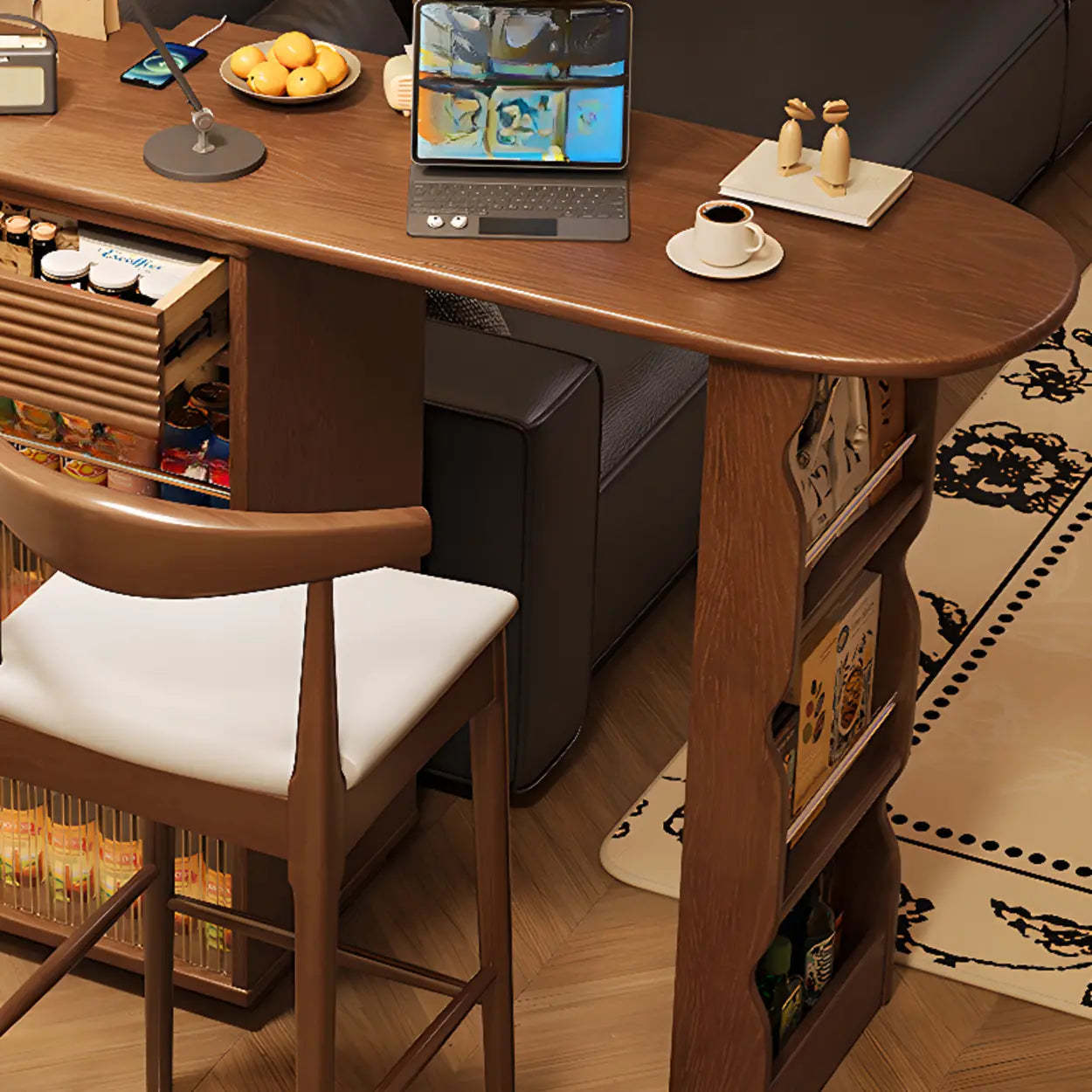 Multifunctional Extendable Wood Bar Table with Shelves