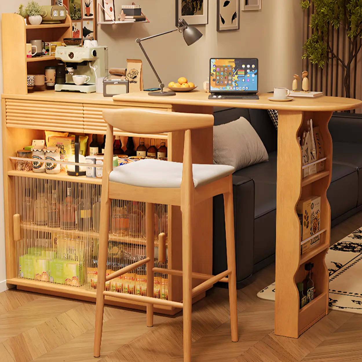 Multifunctional Extendable Wood Bar Table with Shelves — Black Walnut / Table Only