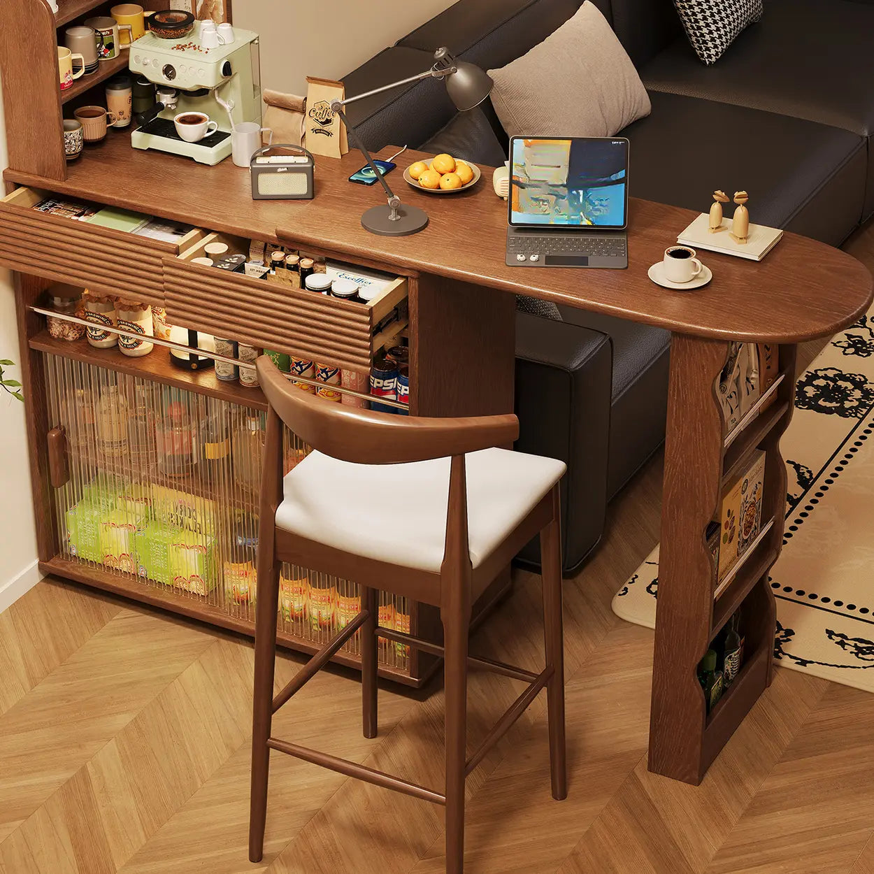 Multifunctional Extendable Wood Bar Table with Shelves