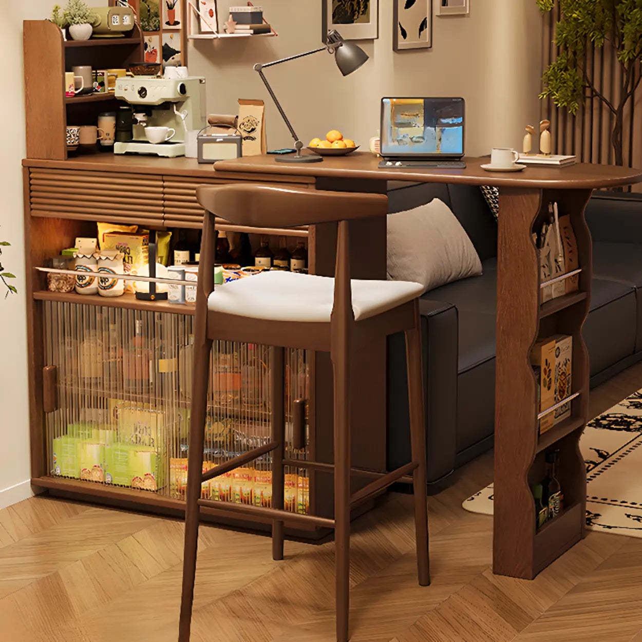 Multifunctional Extendable Wood Bar Table with Shelves