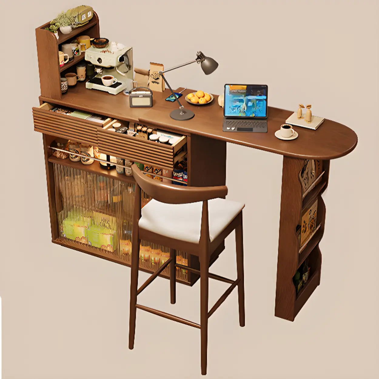 Multifunctional Extendable Wood Bar Table with Shelves