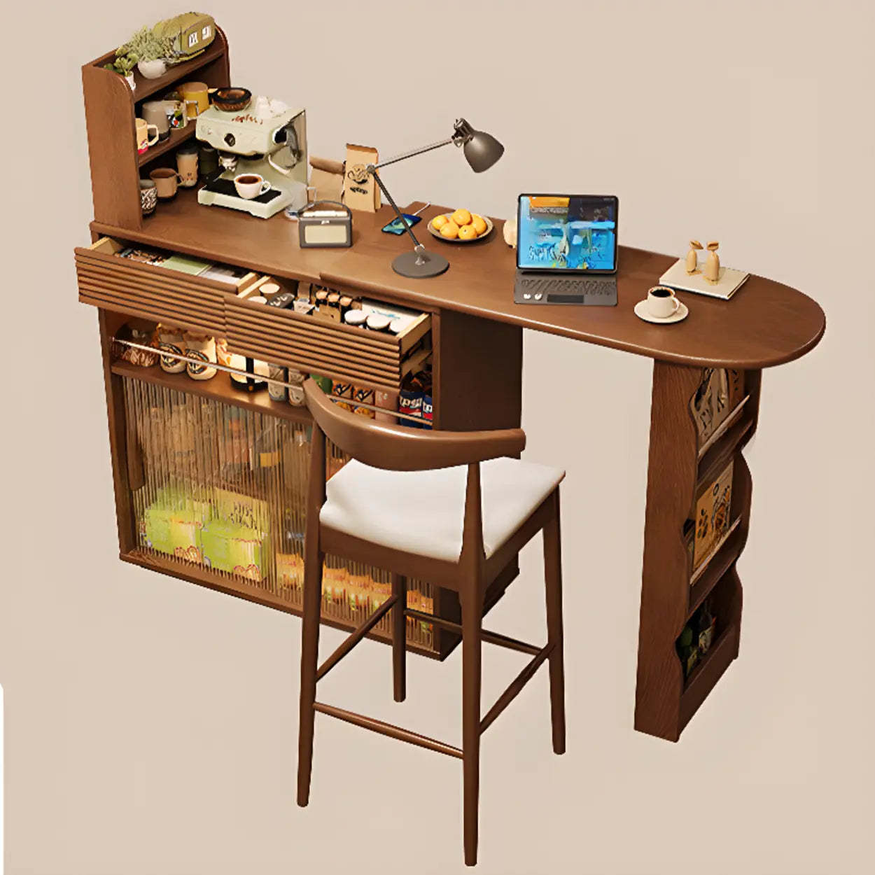 Multifunctional Extendable Wood Bar Table with Shelves